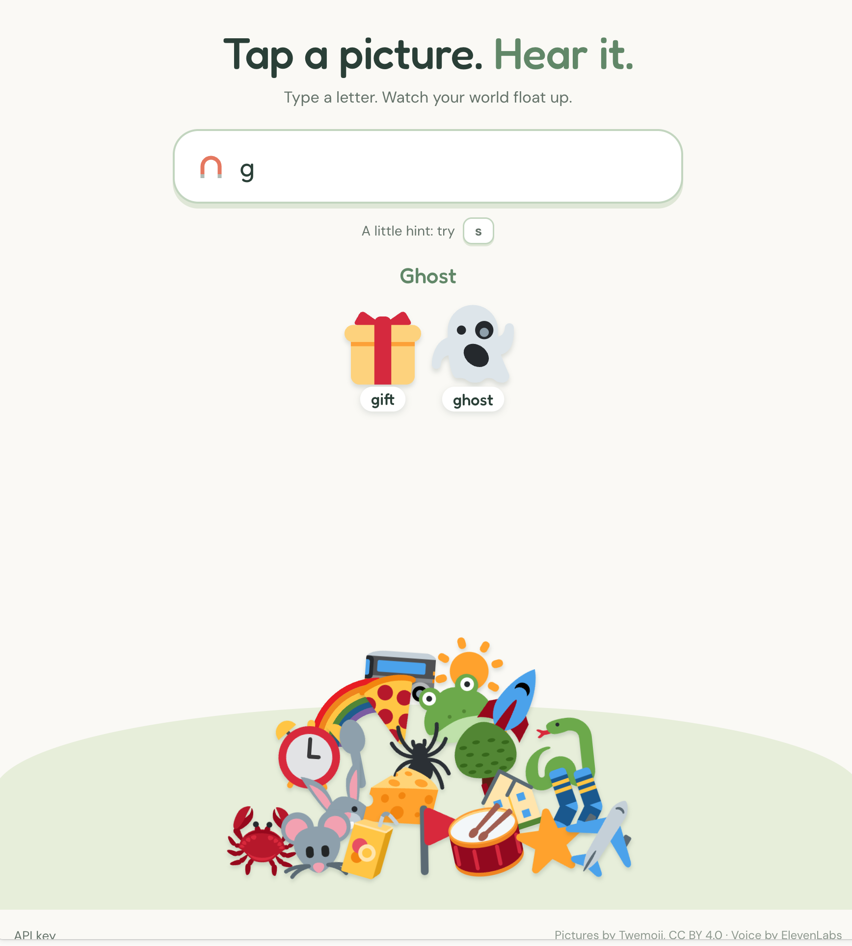 Little Voices app: typing the letter g shows a gift and a ghost picture to tap and hear